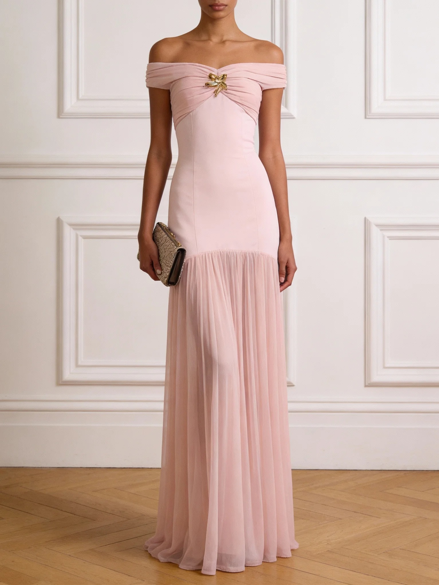 Pink Grommets Ruched Classic Off The Shoulder Short Sleeve Mermaid Maxi Dress