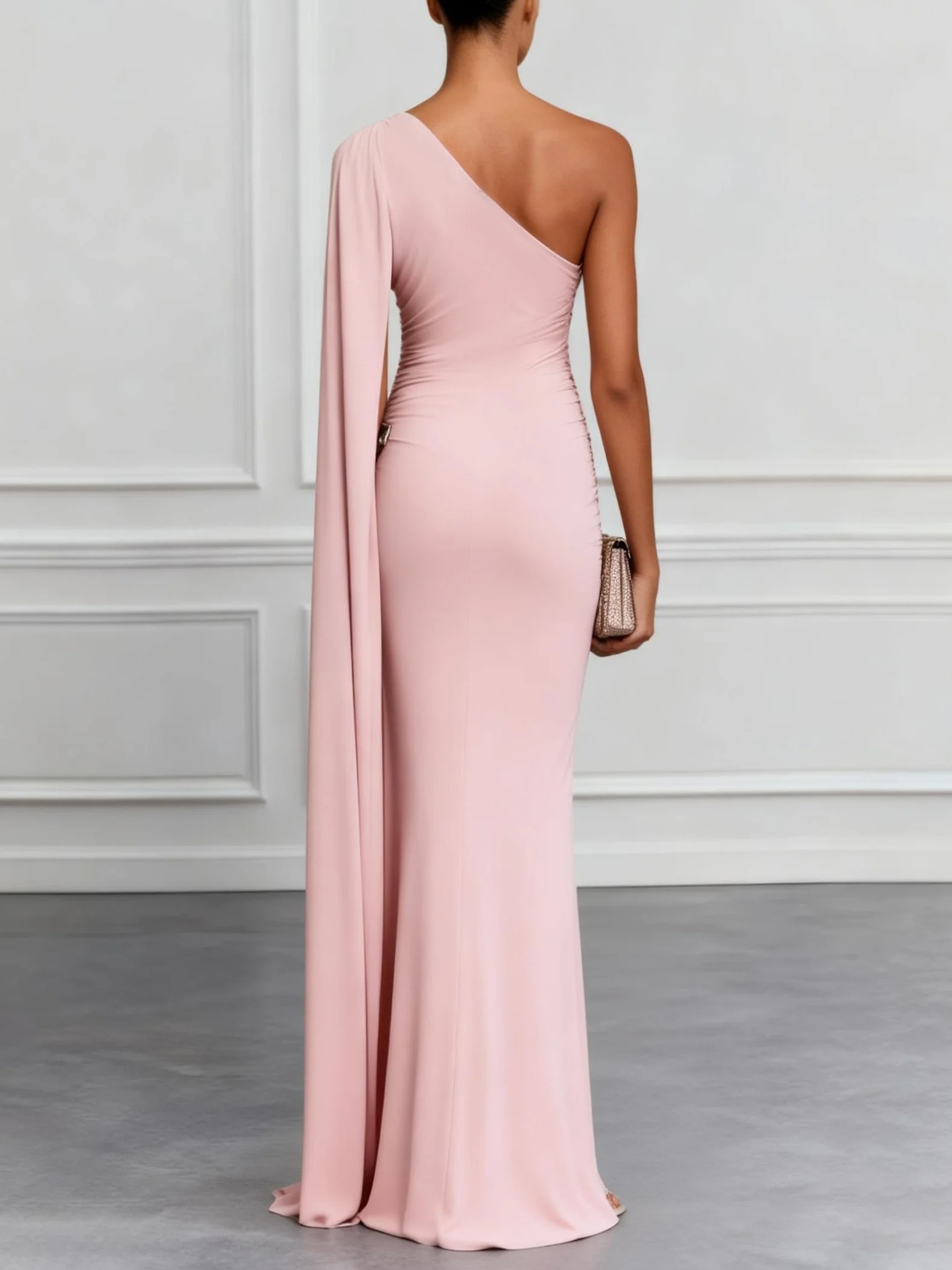 Light Pink Ruched Knit Boat Neck Sleeveless Mermaid Gown Dress