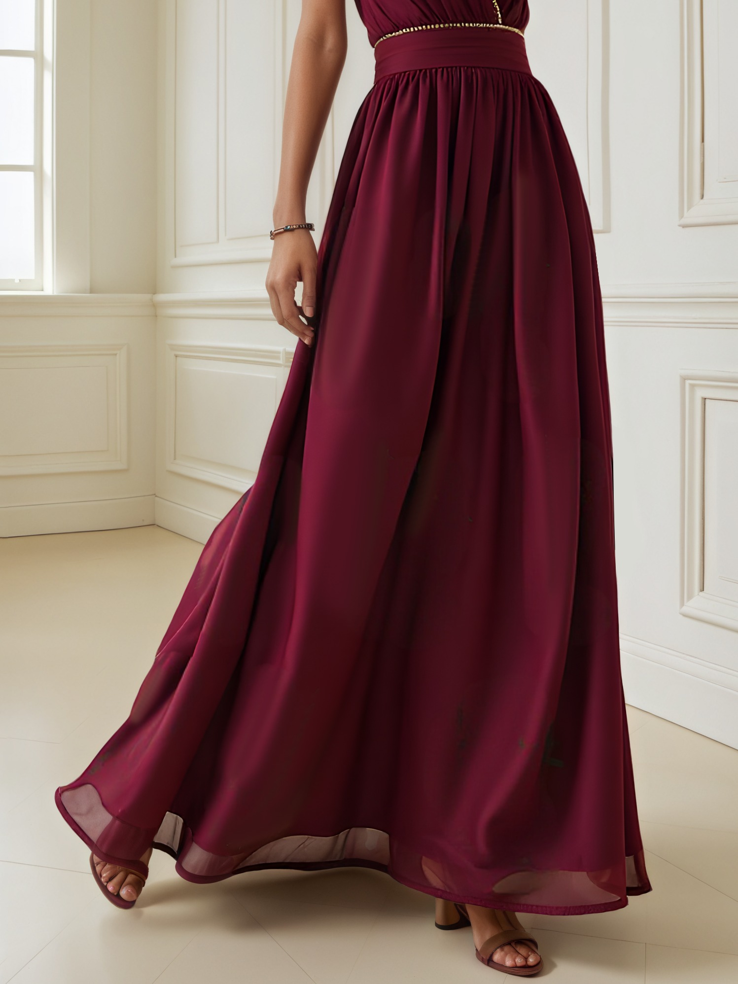 Wine Red Rhinestone Classic V Neck Sleeveless A-Line Maxi Dress