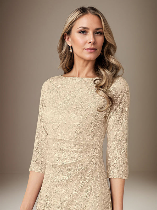 Champagne Sheath/Column Lace Boat Neck 3/4 Sleeves Knee Length Dress With Slit