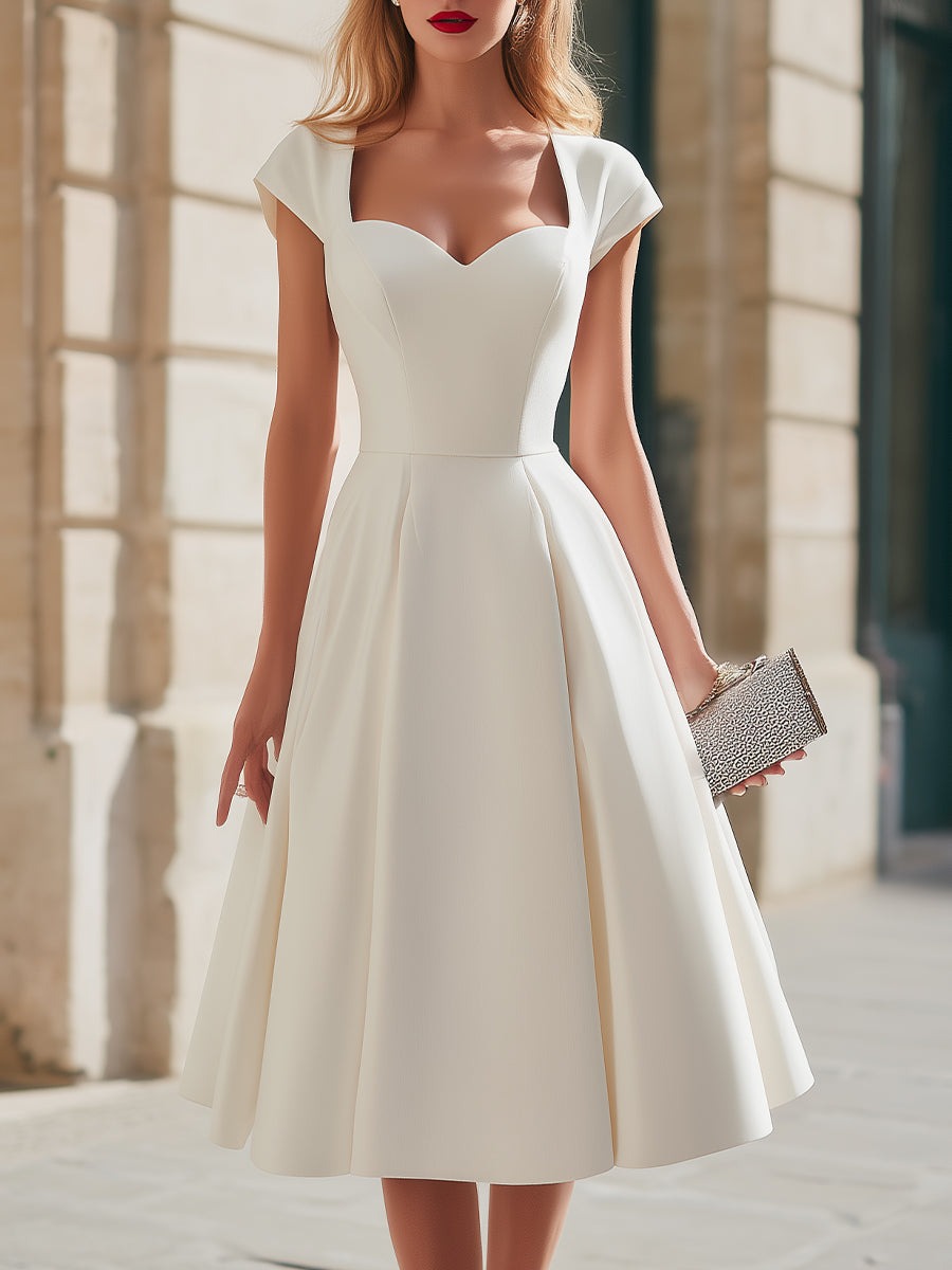 Ivory Sweetheart Neckline Cap-Sleeve A-Line Midi Dress