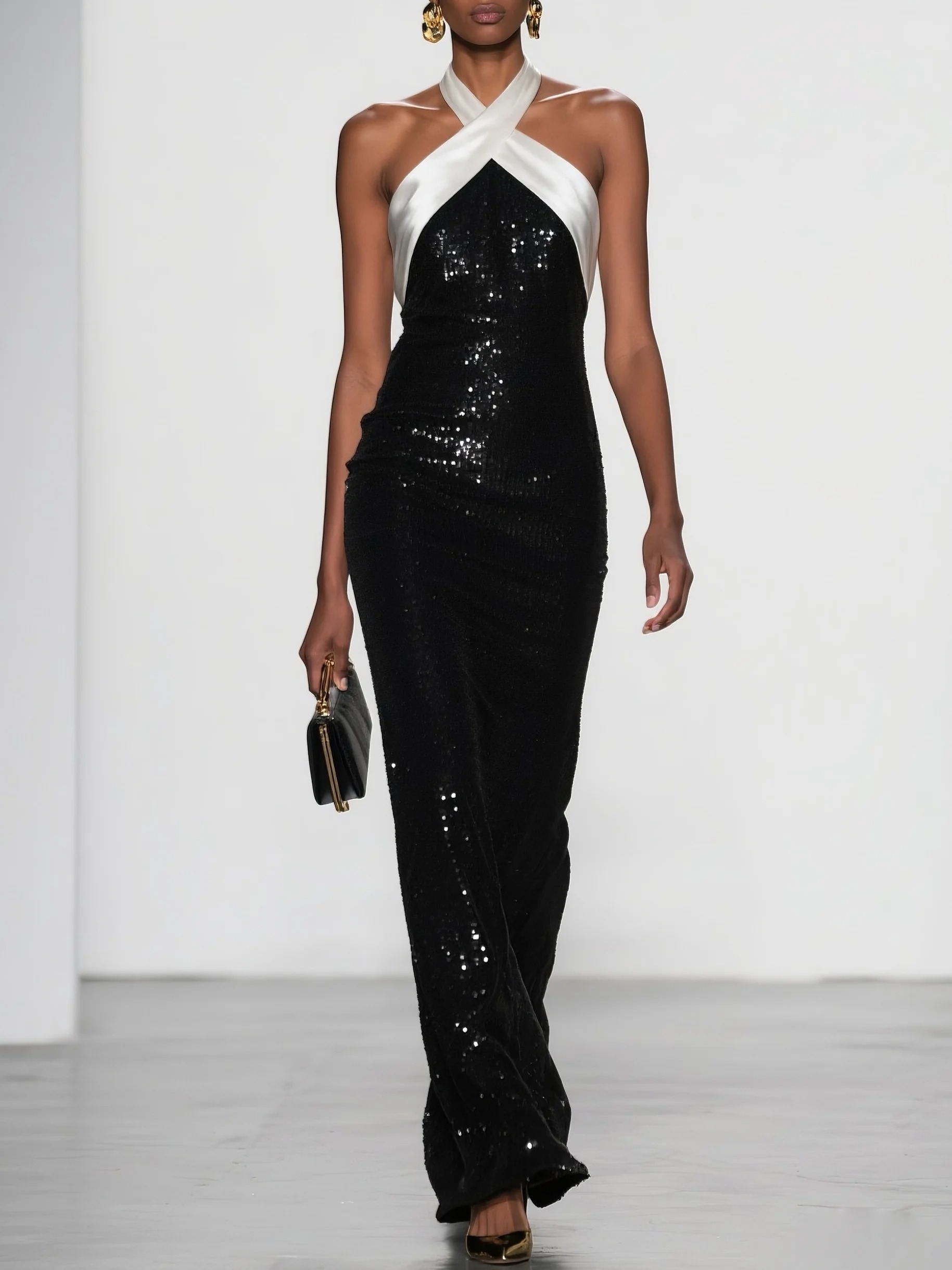 Black Sequin Halter Sleeveless Sheath Maxi Dress