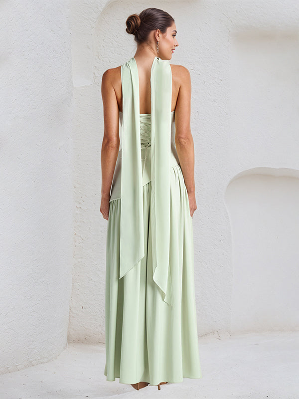 Elegant Mint Green Strapless Pleated Maxi Dress With Slit