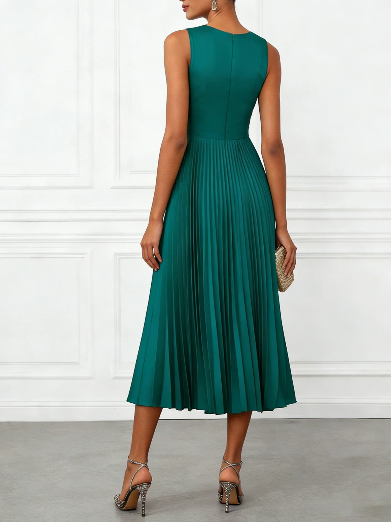 Green Pleated Satin Boat Neck Sleeveless A-Line Midi Dress