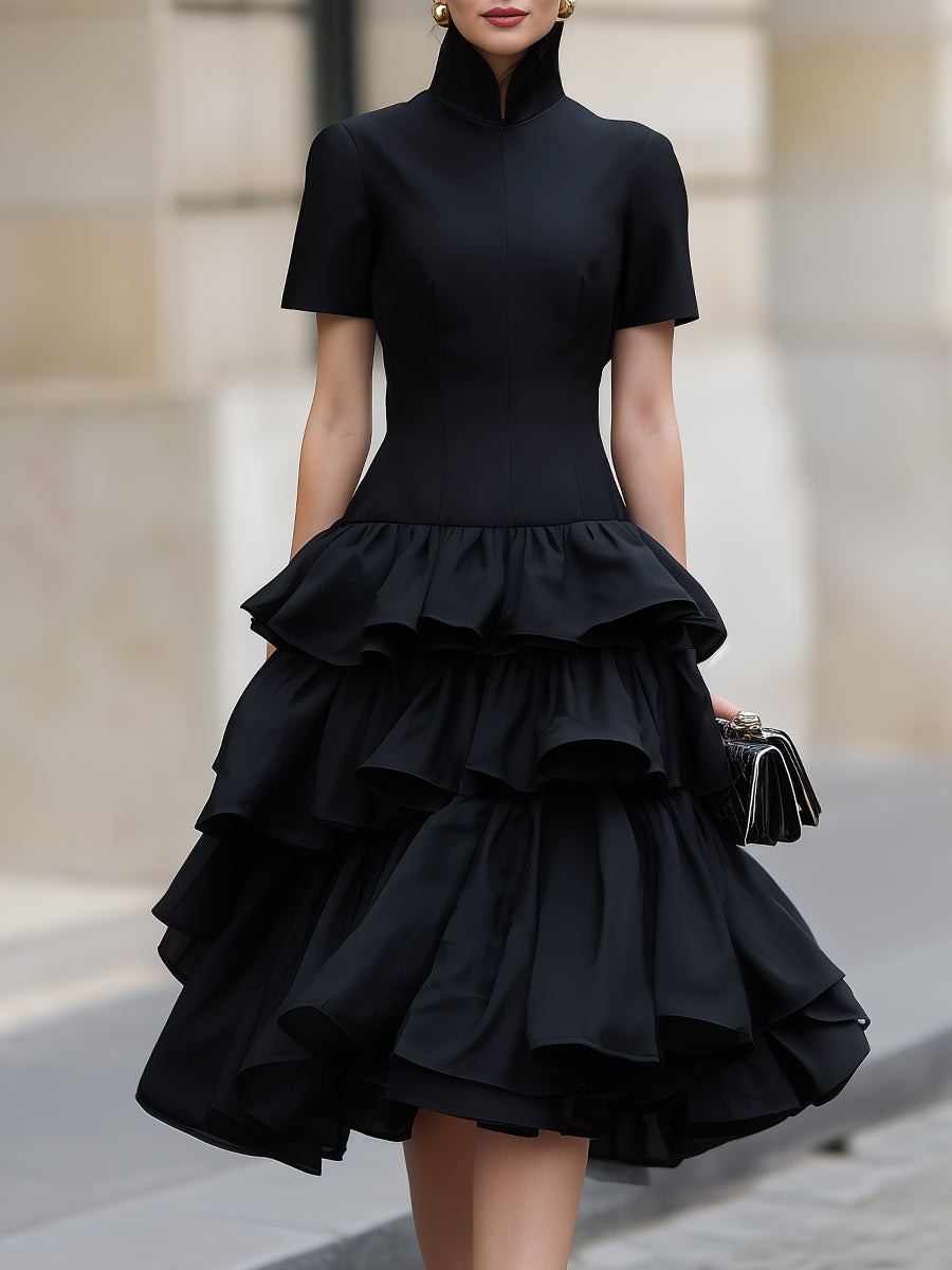 Black High Neck Tiered Ruffle Midi Dress