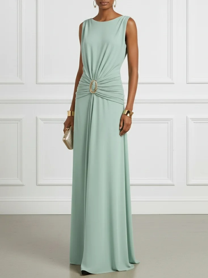 Green Ruched Knit Crew Neck Sleeveless A-Line Maxi Dress