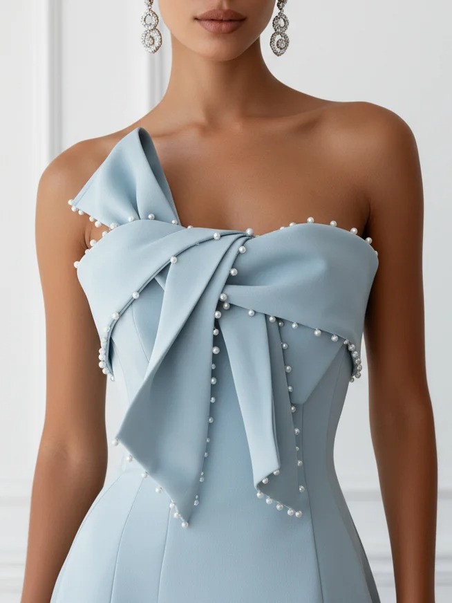 Light Blue Bow Faux Pearl Classic Strapless Sleeveless A-Line Midi Dress