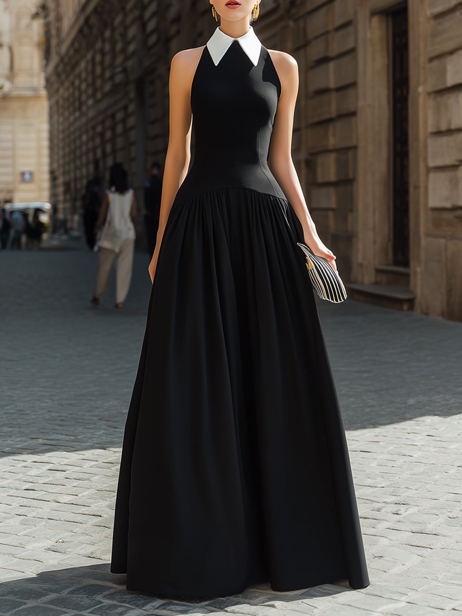 Black Halter Collar Pleated Maxi Dress