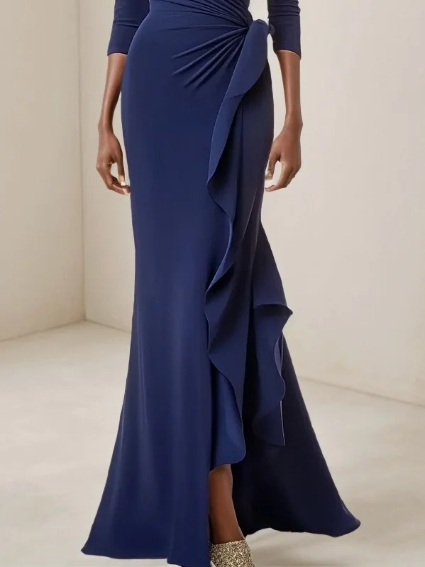 Dark Blue Ruched V Neck Long Sleeve A-Line Gown Floor Length Dress