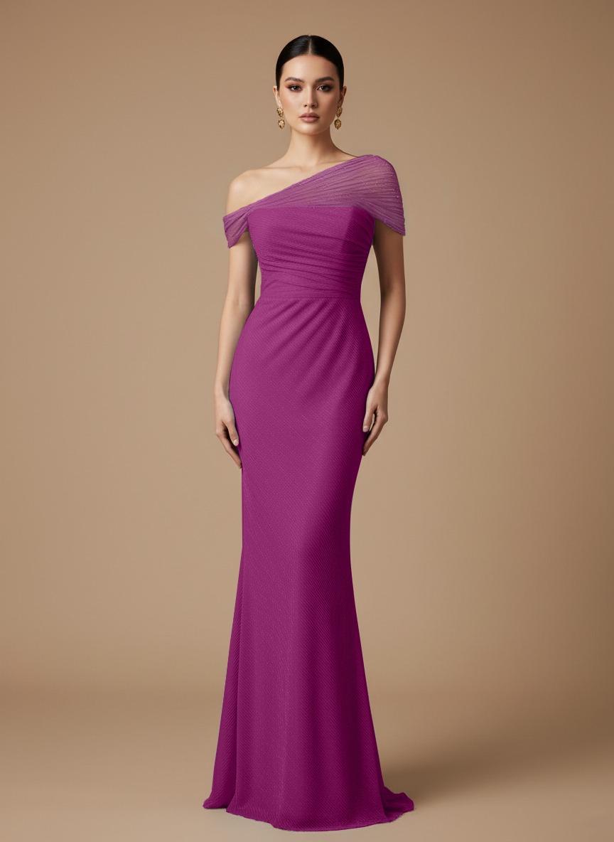 Evening Prom Light Blue Gown One Shoulder Glitter Ruched Maxi Dress