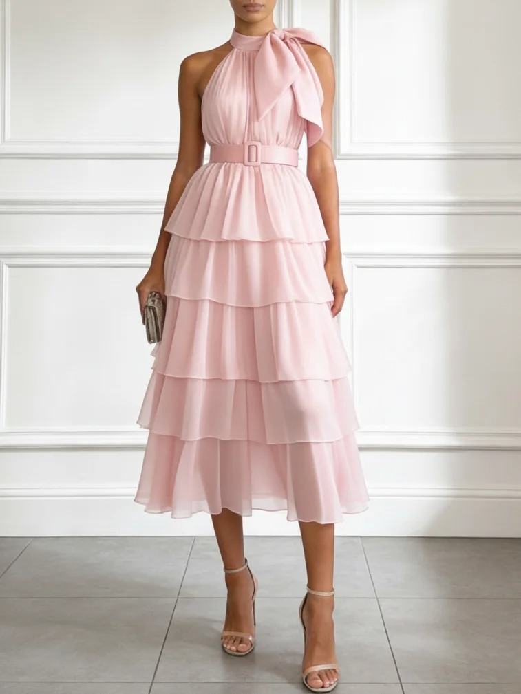 Pink Folds Bow Chiffon Mock Neck Sleeveless A-Line Midi Dress