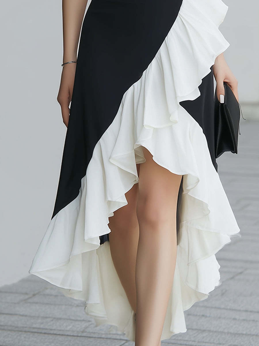 Black & White Asymmetric Ruffle Halter Gown