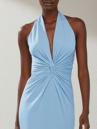 Blue Ruched Knit Halter Sleeveless Bodycon Midi Dress