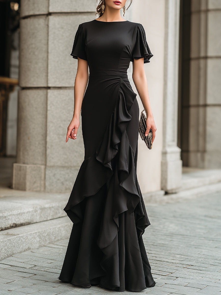 Black Flutter Sleeve Ruffled Evening Gown