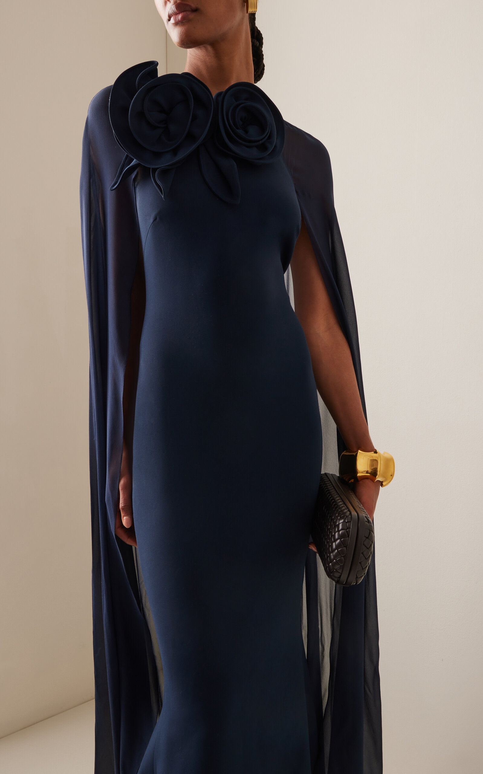 Cape-Detailed Cady Maxi Dress navy