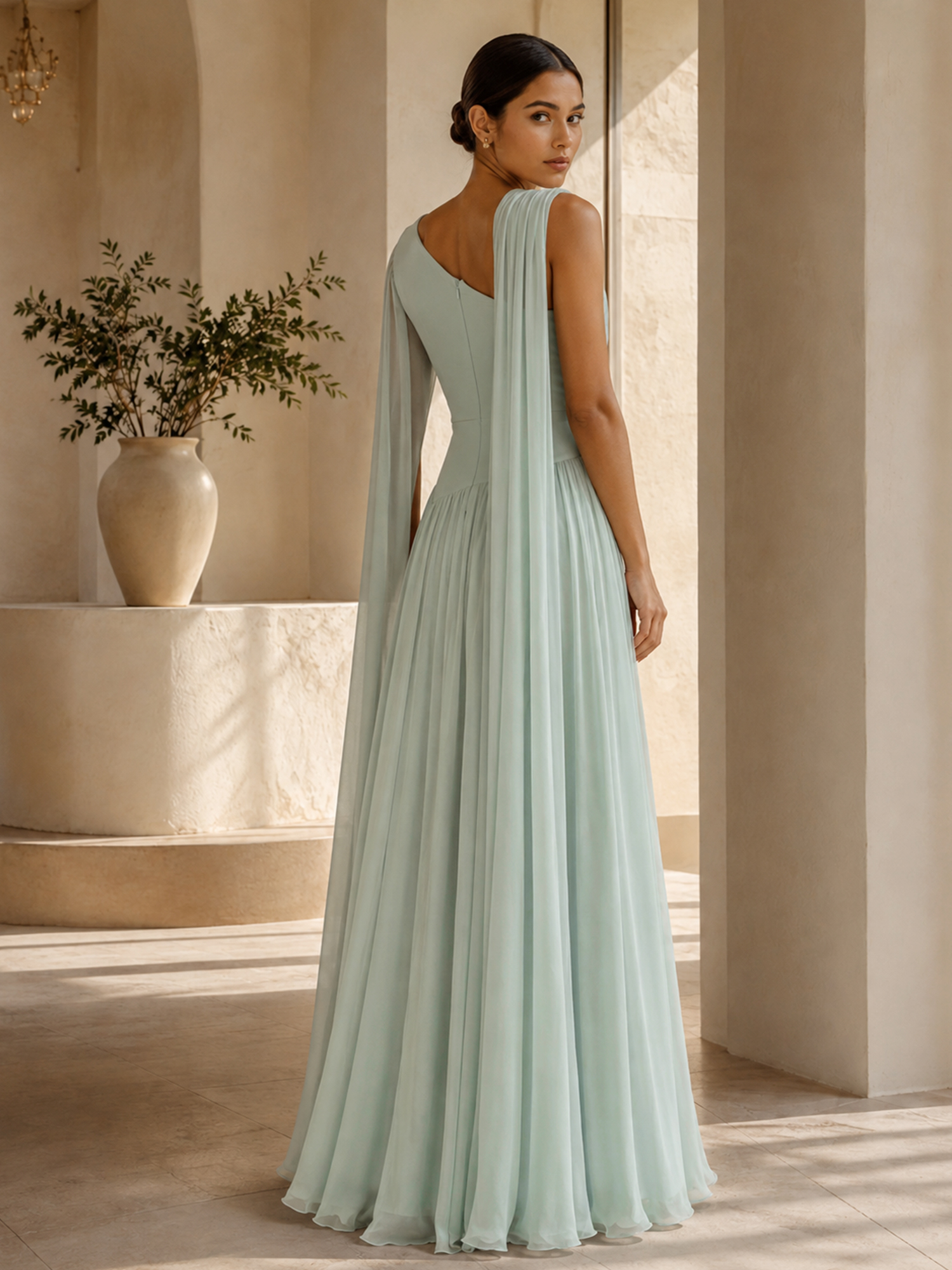Grecian Goddess One-Shoulder Pleated Chiffon Evening Gown with Braided Detailing
