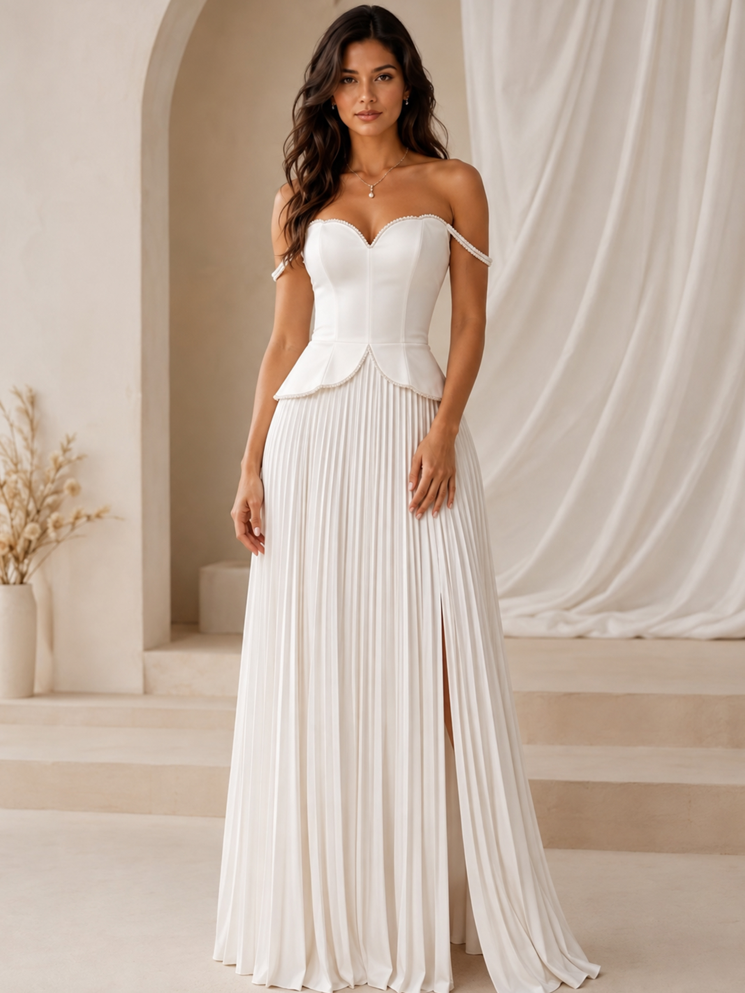 Off-Shoulder Beaded Peplum Pleated Evening Gown