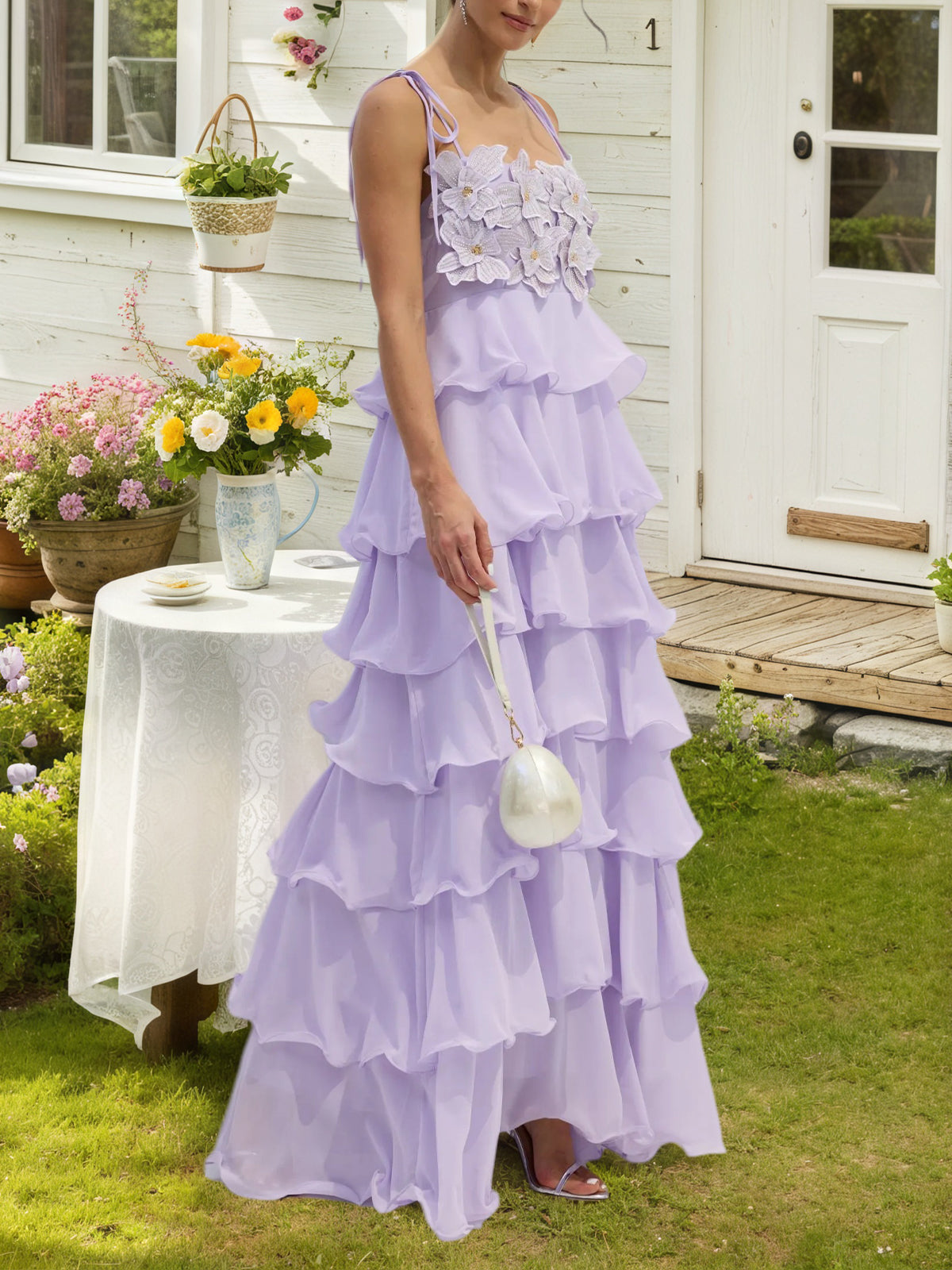 Embroidered Chiffon Ruffle Maxi Dress