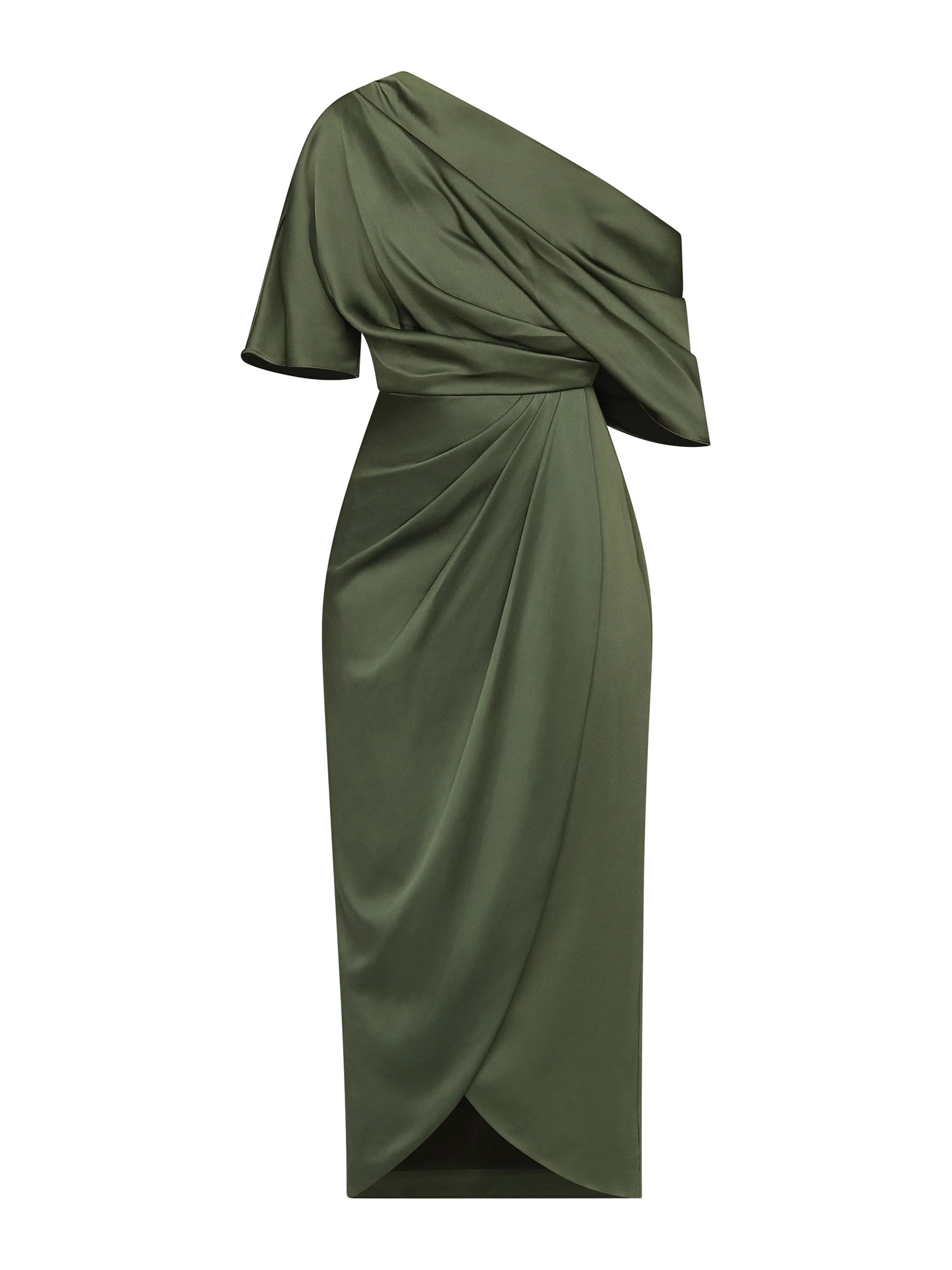 One-Shoulder Draped Satin Midi Dress