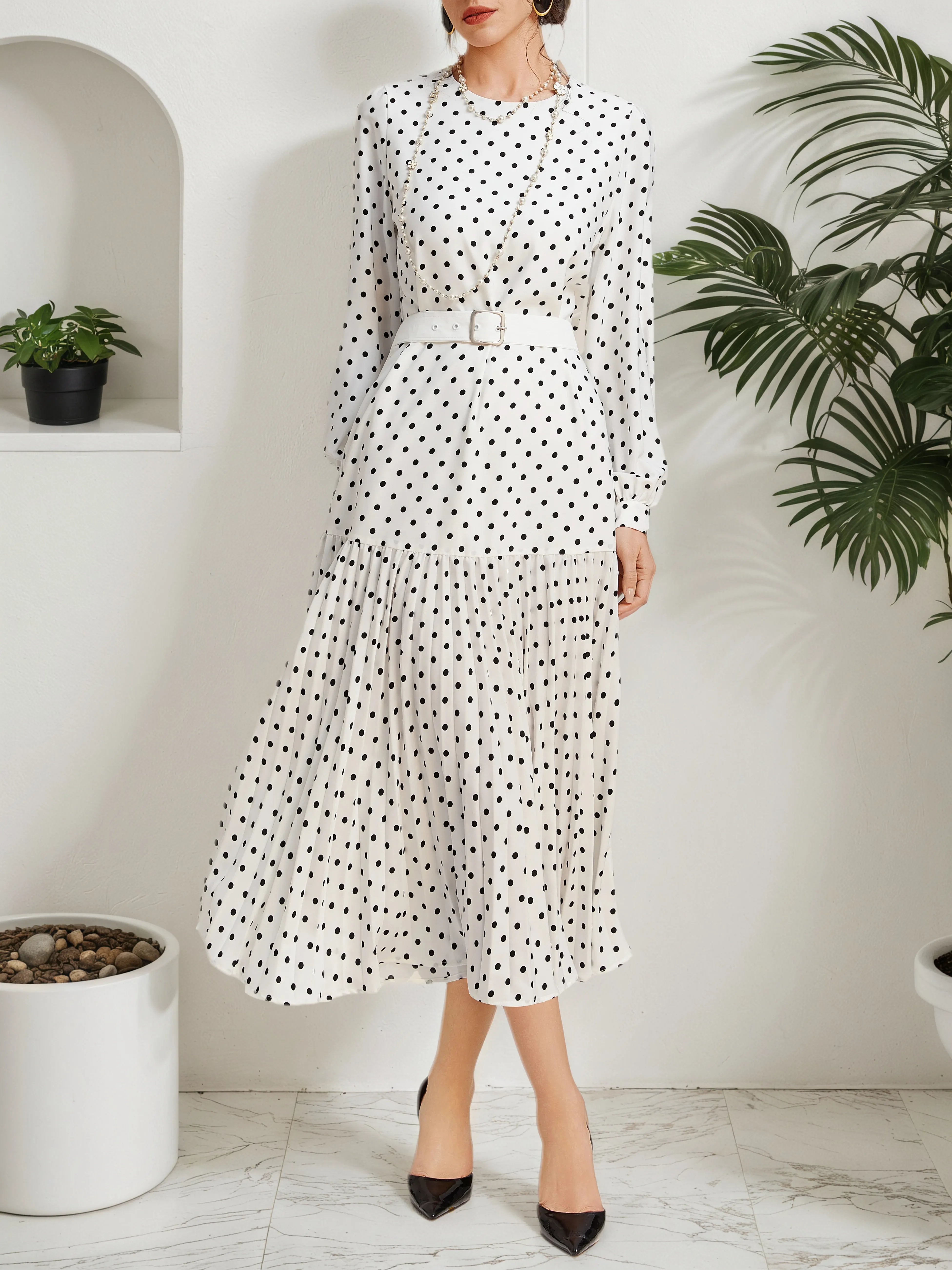 White Pleated Polka Dots Classic Crew Neck Long Balloon Sleeve A-Line Midi Dress
