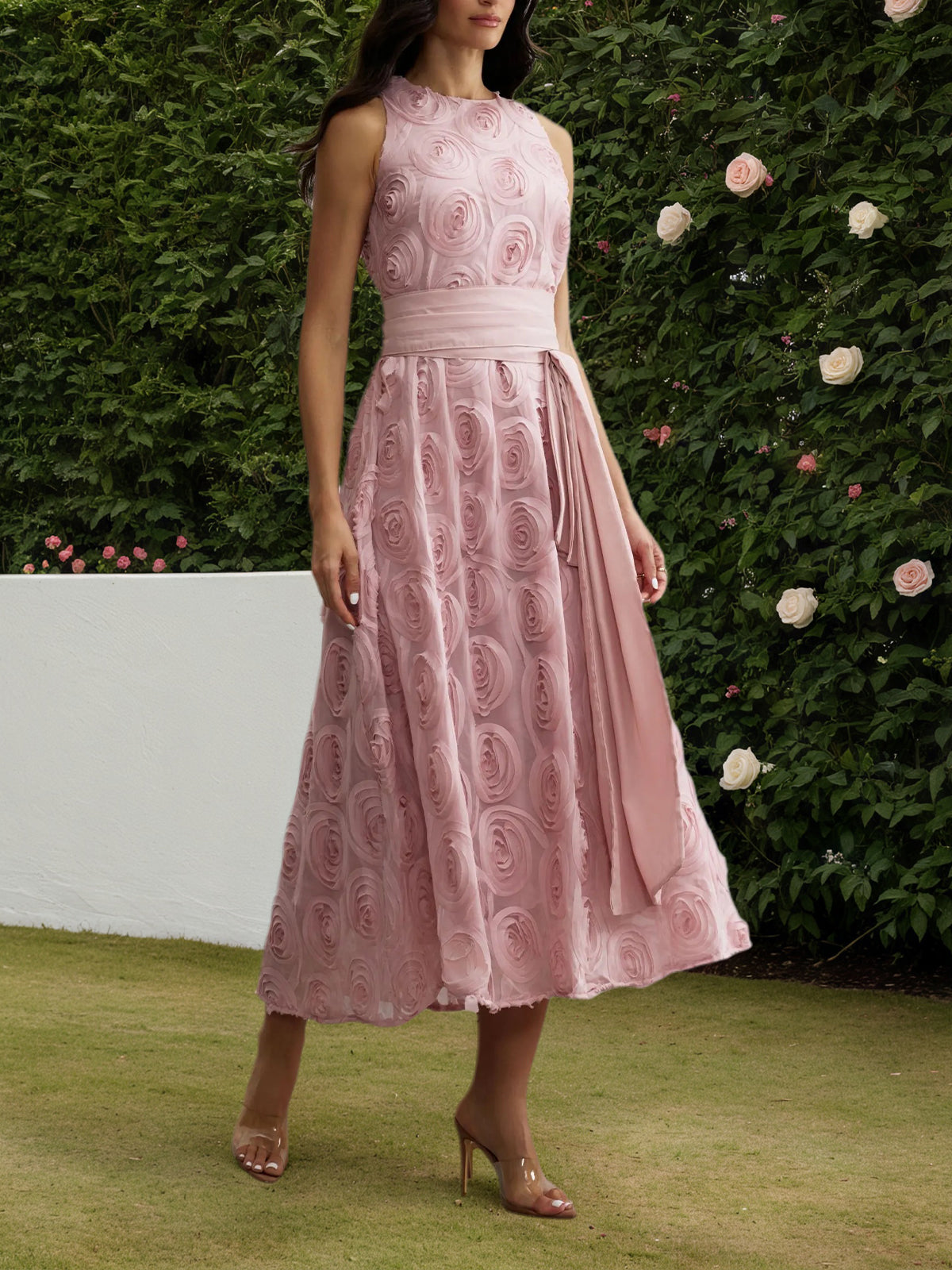 Pink Rosette Applique Sleeveless Maxi Dress