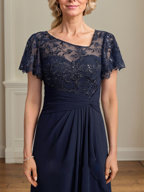 A-line Asymmetrical Illusion Floor-Length Lace Chiffon Mother of the Bride Dress With Cascading Ruffles Sequins