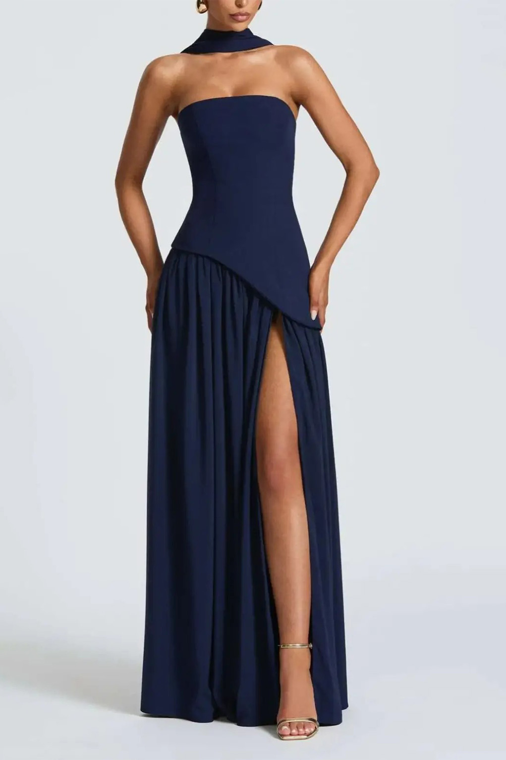 Strapless Slit Ribbon Maxi Dress