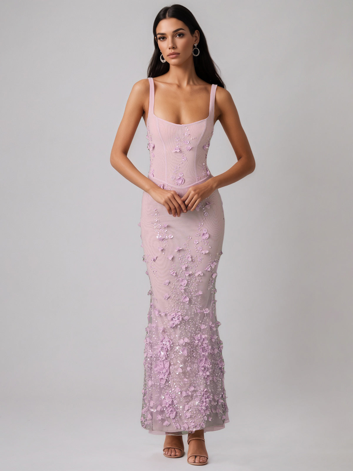 Lilac Square Neck Embellished Fishtail Corset Dress