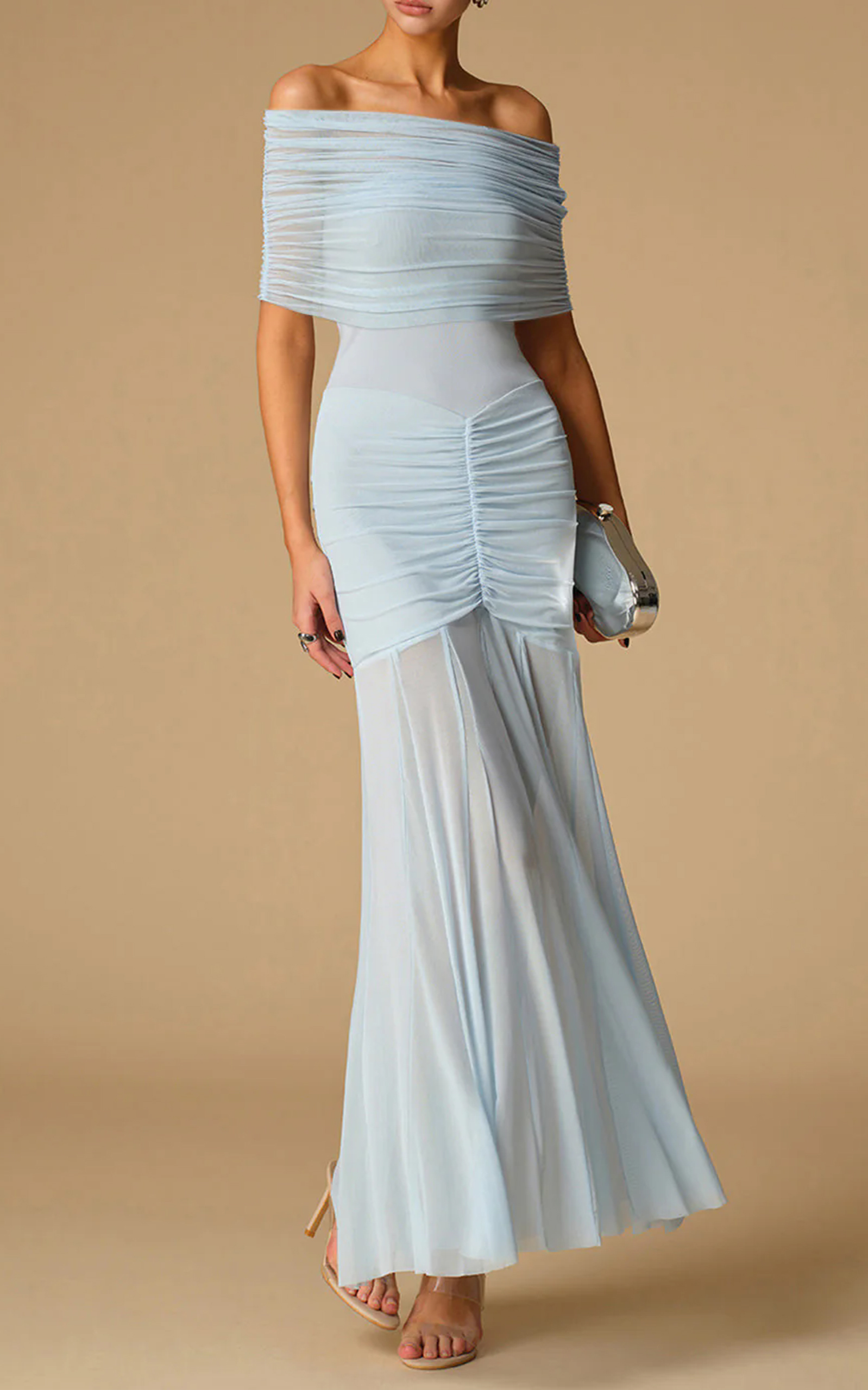 Off-Shoulder Ruched Semi-Sheer Dress