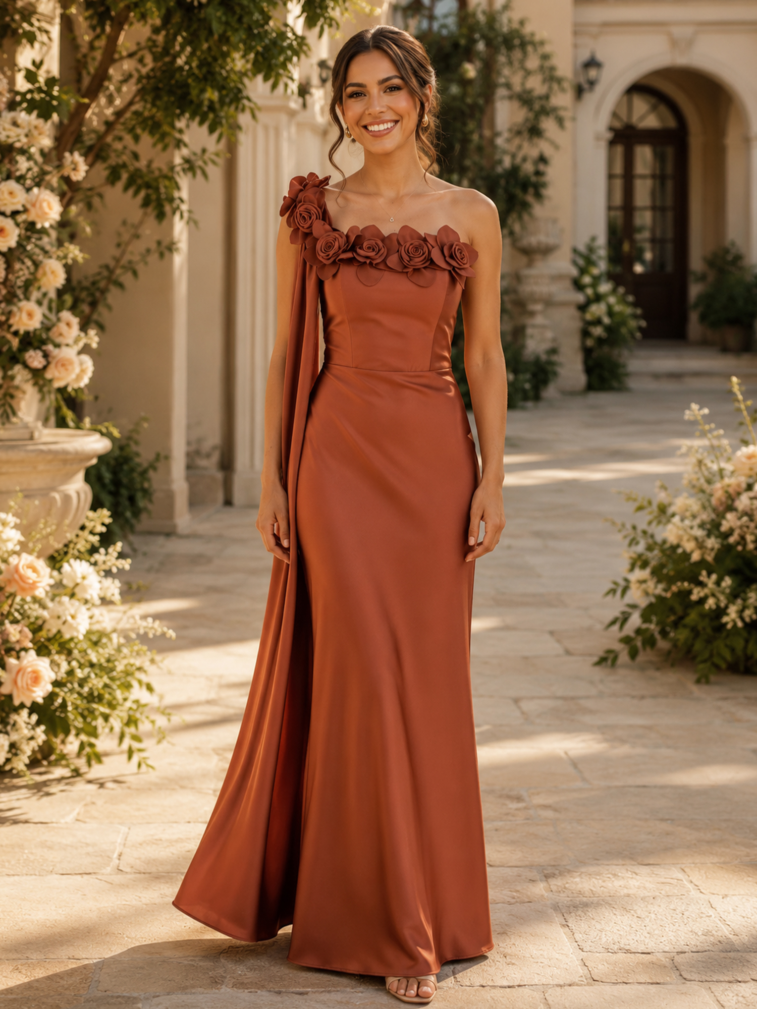 One-Shoulder Floral Applique Satin Evening Gown
