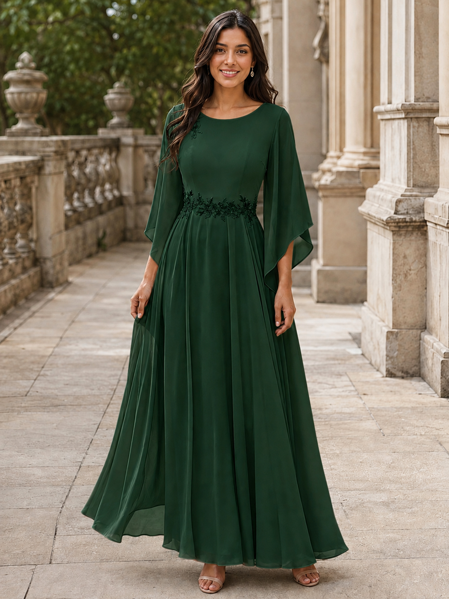 Crew Neck Long Bell Sleeve Applique A-Line Evening Gown