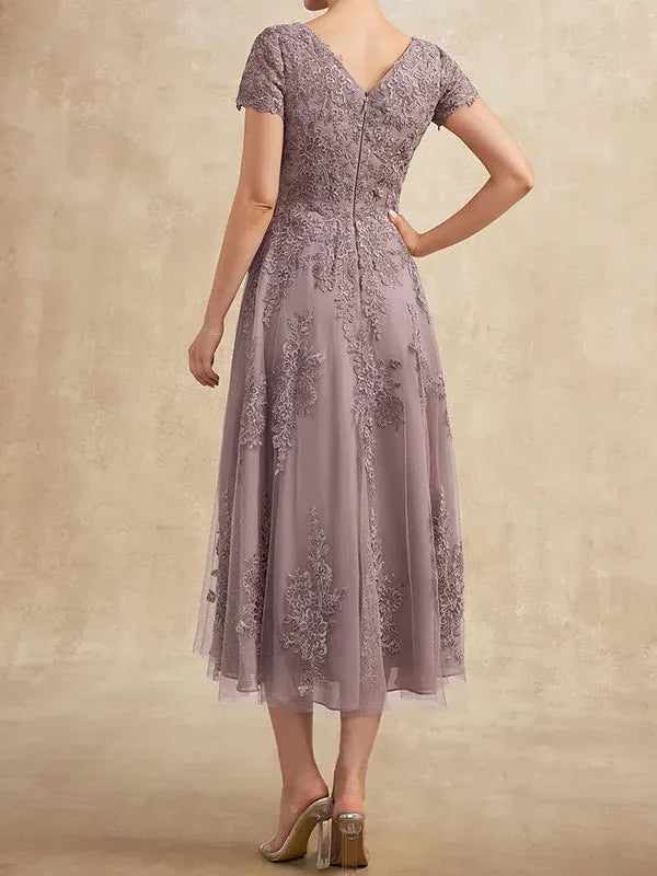 A-line Scoop Tea-Length Tulle Lace Mother of the Bride Dress