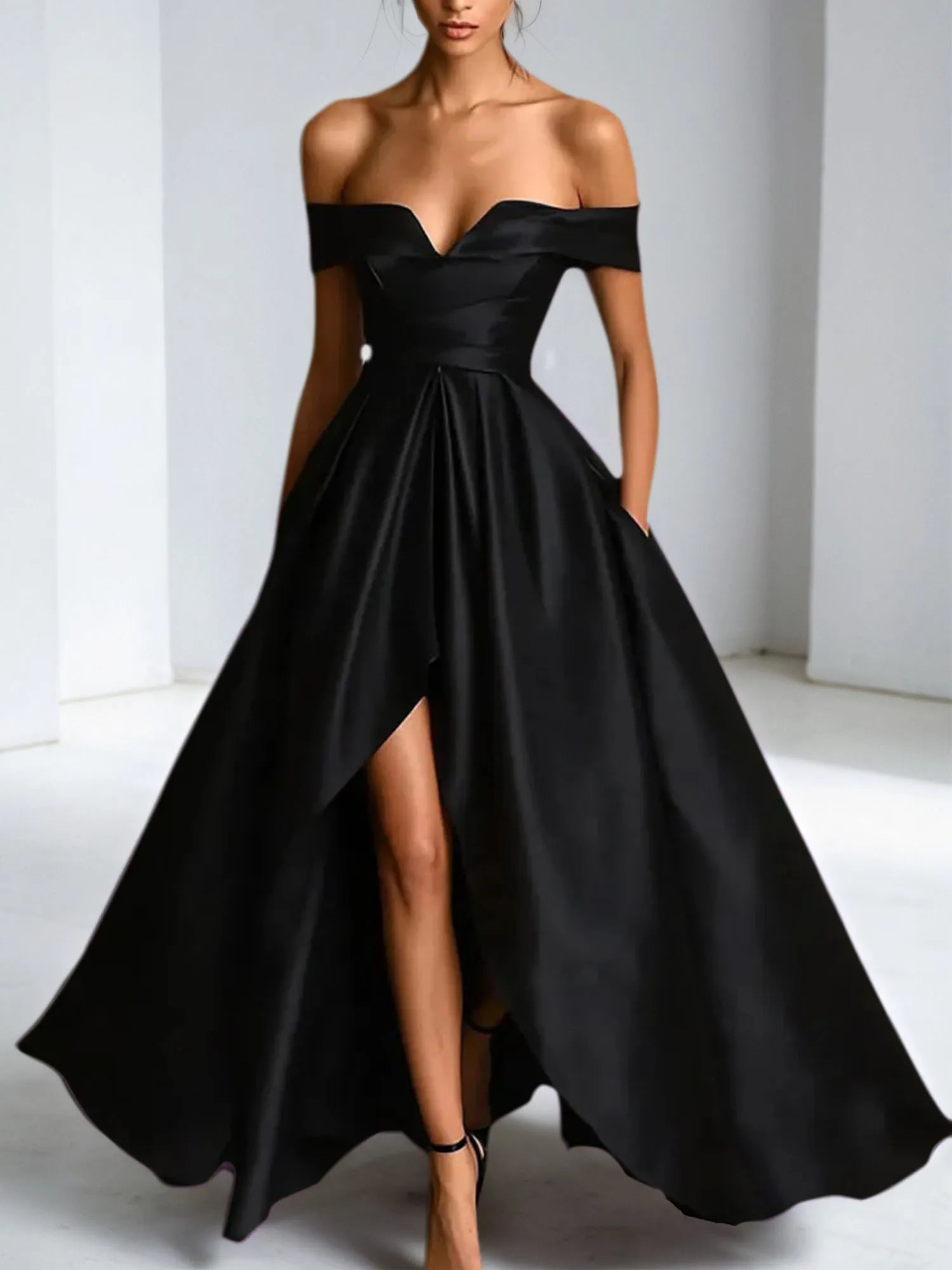 Formal Dress A Line Satin Off The Shoulder Slit Maxi Dress