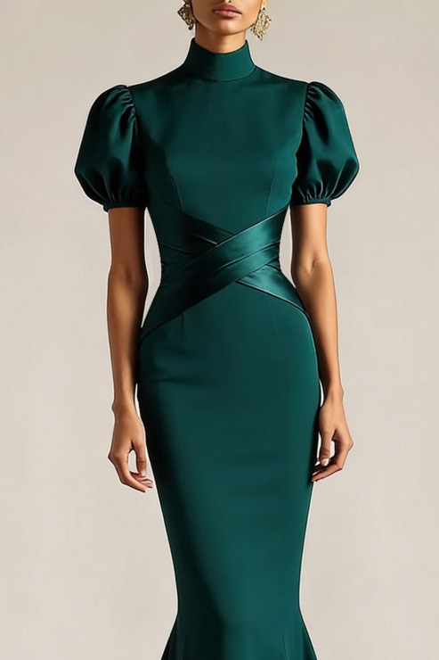 Emerald Green Formal Dress Mermaid High Neck Puff Sleeve Maxi Dress