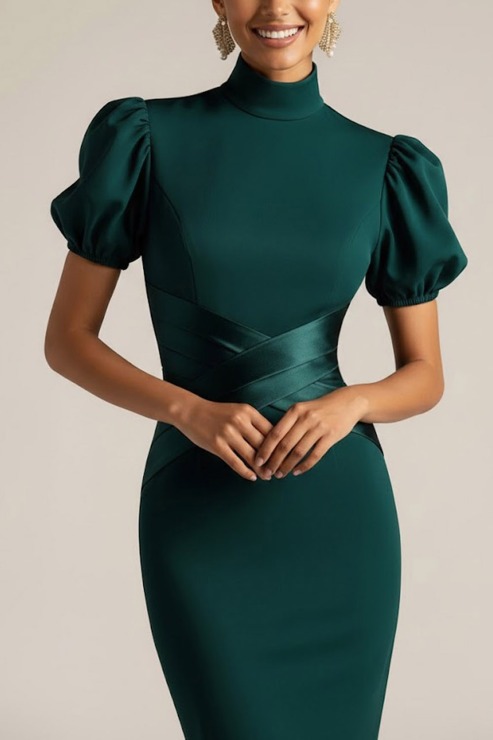 Emerald Green Formal Dress Mermaid High Neck Puff Sleeve Maxi Dress