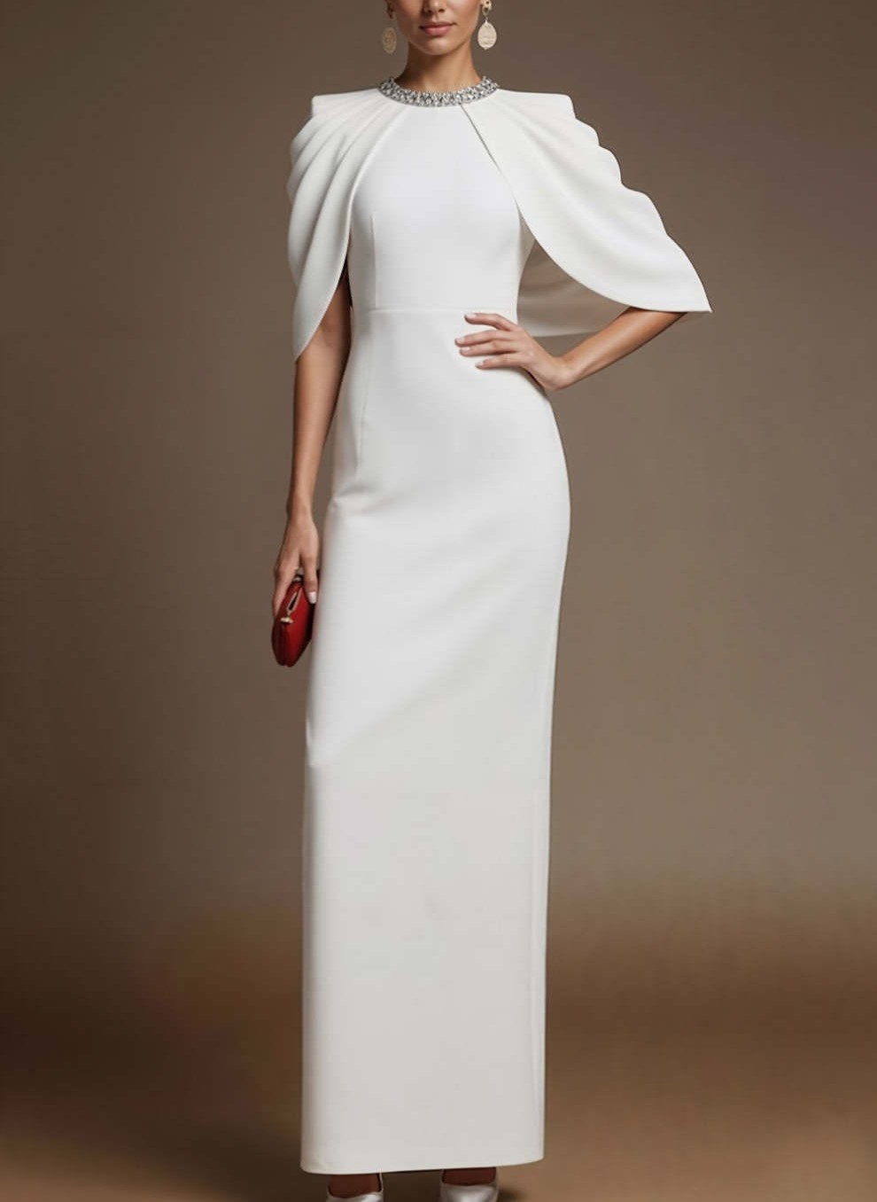 Simple White Sheath Crew Neck Maxi Formal Dress with Slit