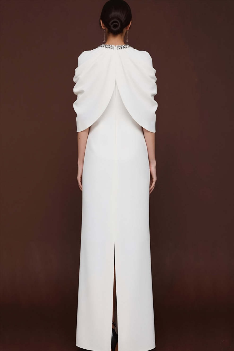 Simple White Sheath Crew Neck Maxi Formal Dress with Slit