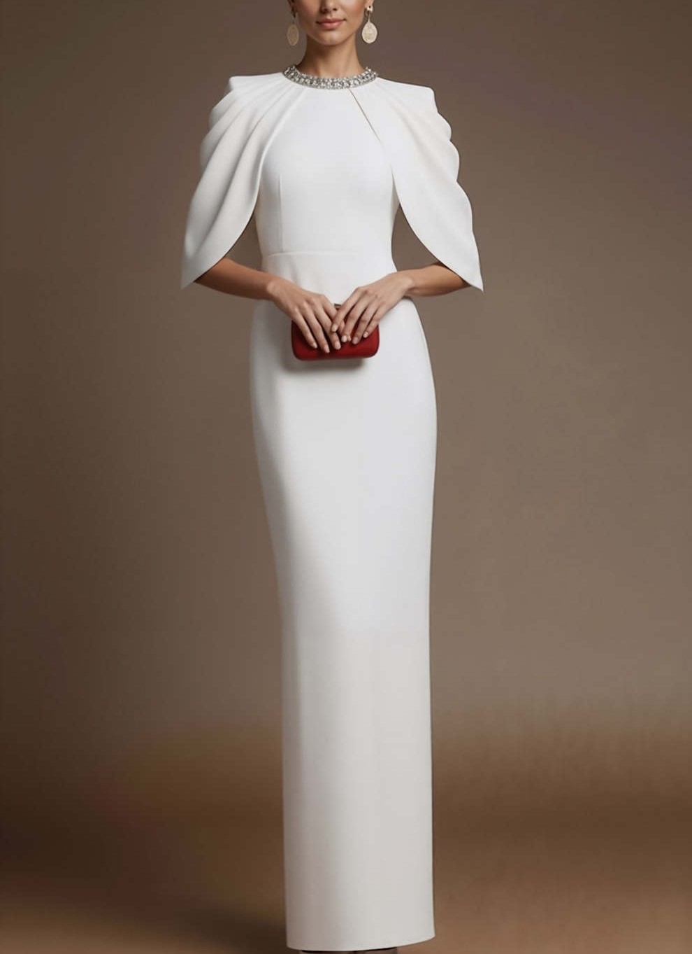 Simple White Sheath Crew Neck Maxi Formal Dress with Slit