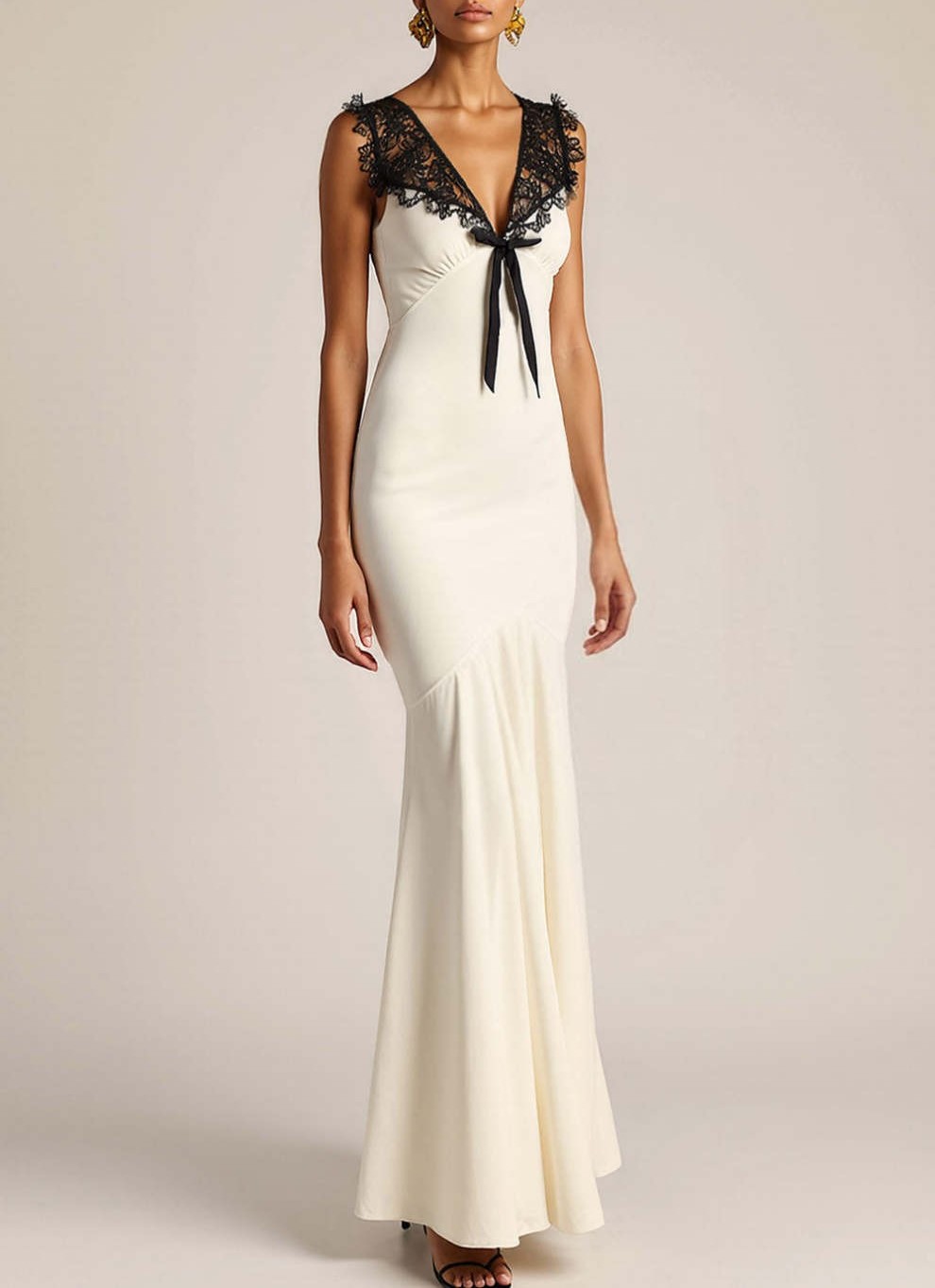 White Mermaid V-Neck Long Formal Dress with Lace
