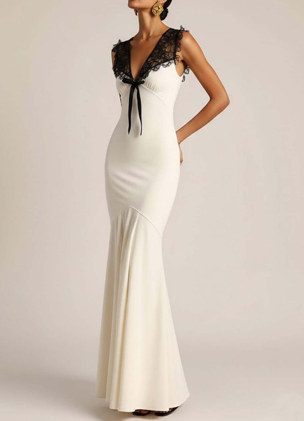 White Mermaid V-Neck Long Formal Dress with Lace