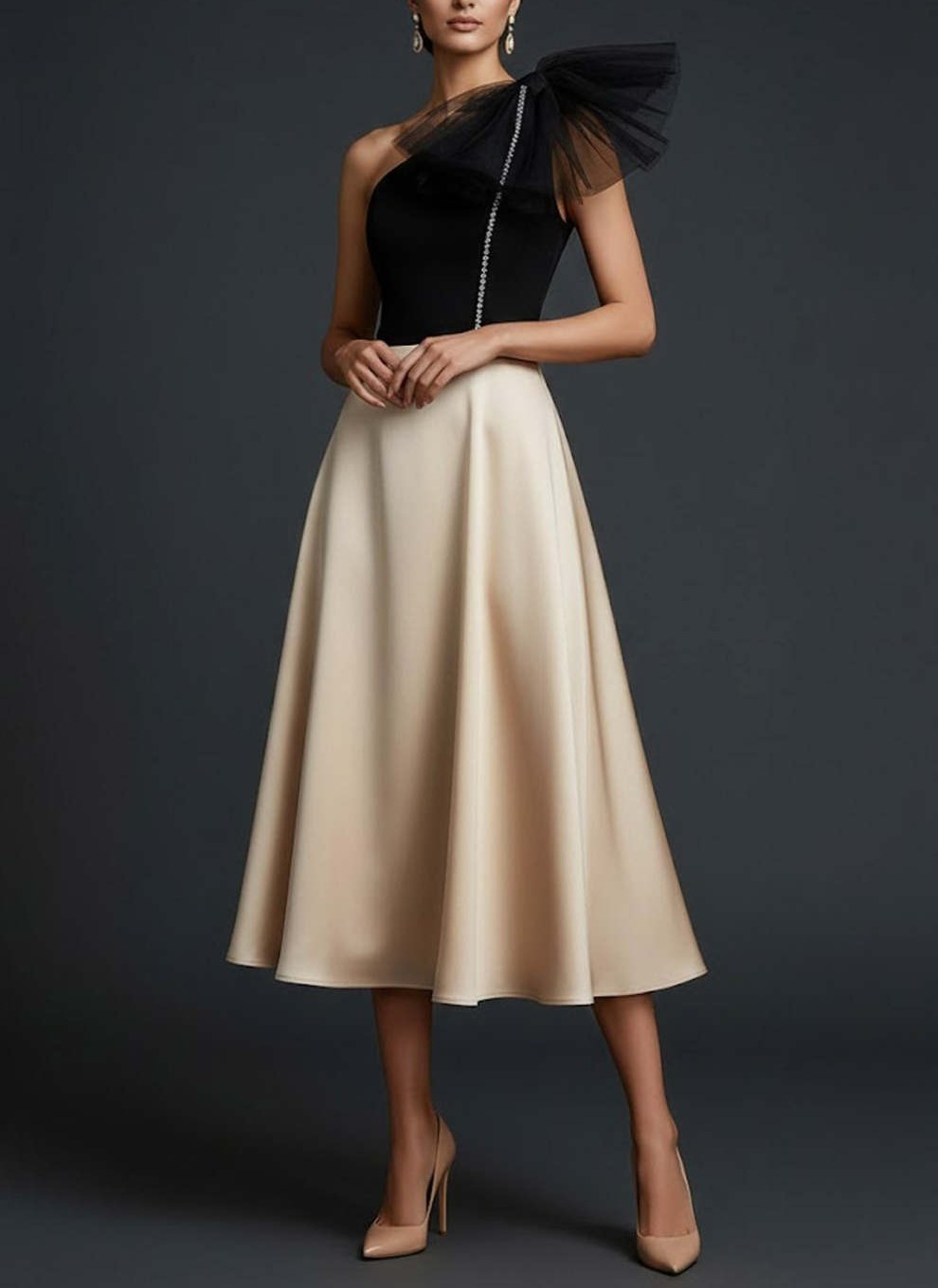 Black and Champagne One Shoulder A Line Midi Wedding Guest Dress with Bow