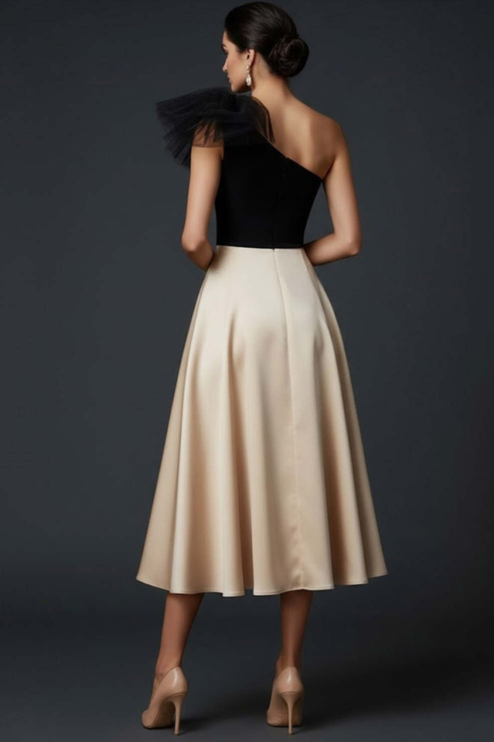 Black and Champagne One Shoulder A Line Midi Wedding Guest Dress with Bow
