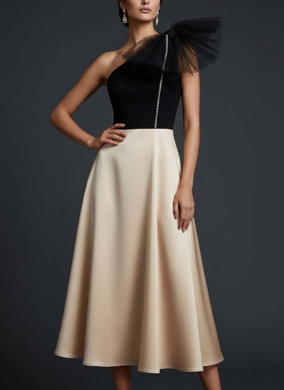 Black and Champagne One Shoulder A Line Midi Wedding Guest Dress with Bow
