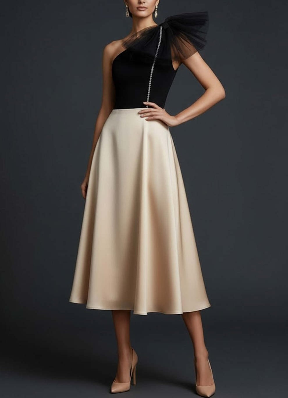 Black and Champagne One Shoulder A Line Midi Wedding Guest Dress with Bow