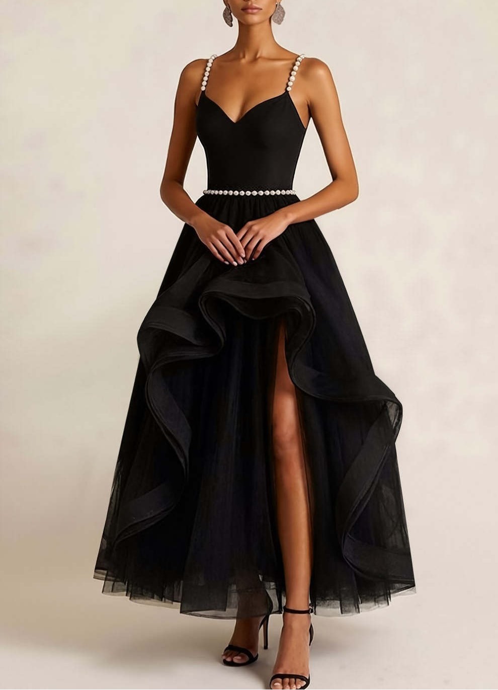 Black Tulle Ruffled A Line Long Formal Dress with Slit