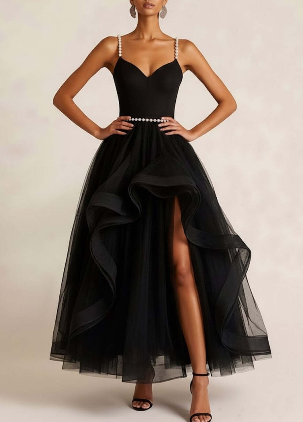 Black Tulle Ruffled A Line Long Formal Dress with Slit