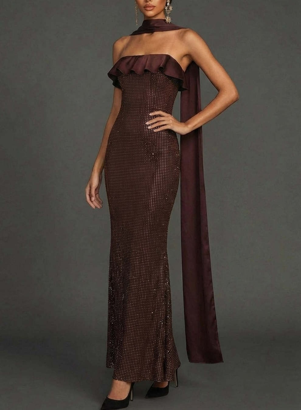 Chocolates Mermaid Neck Scarf Mermaid Maxi Formal Dress