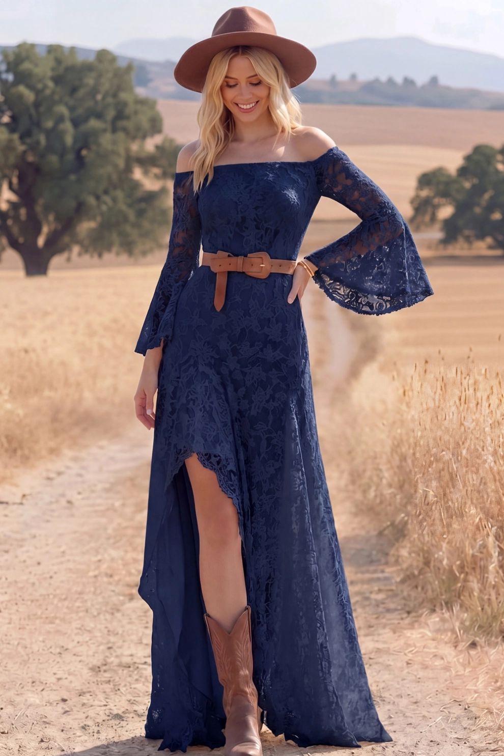 Navy Lace Boho Dress Off the Shoulder Long Sleeve High-Low Dress