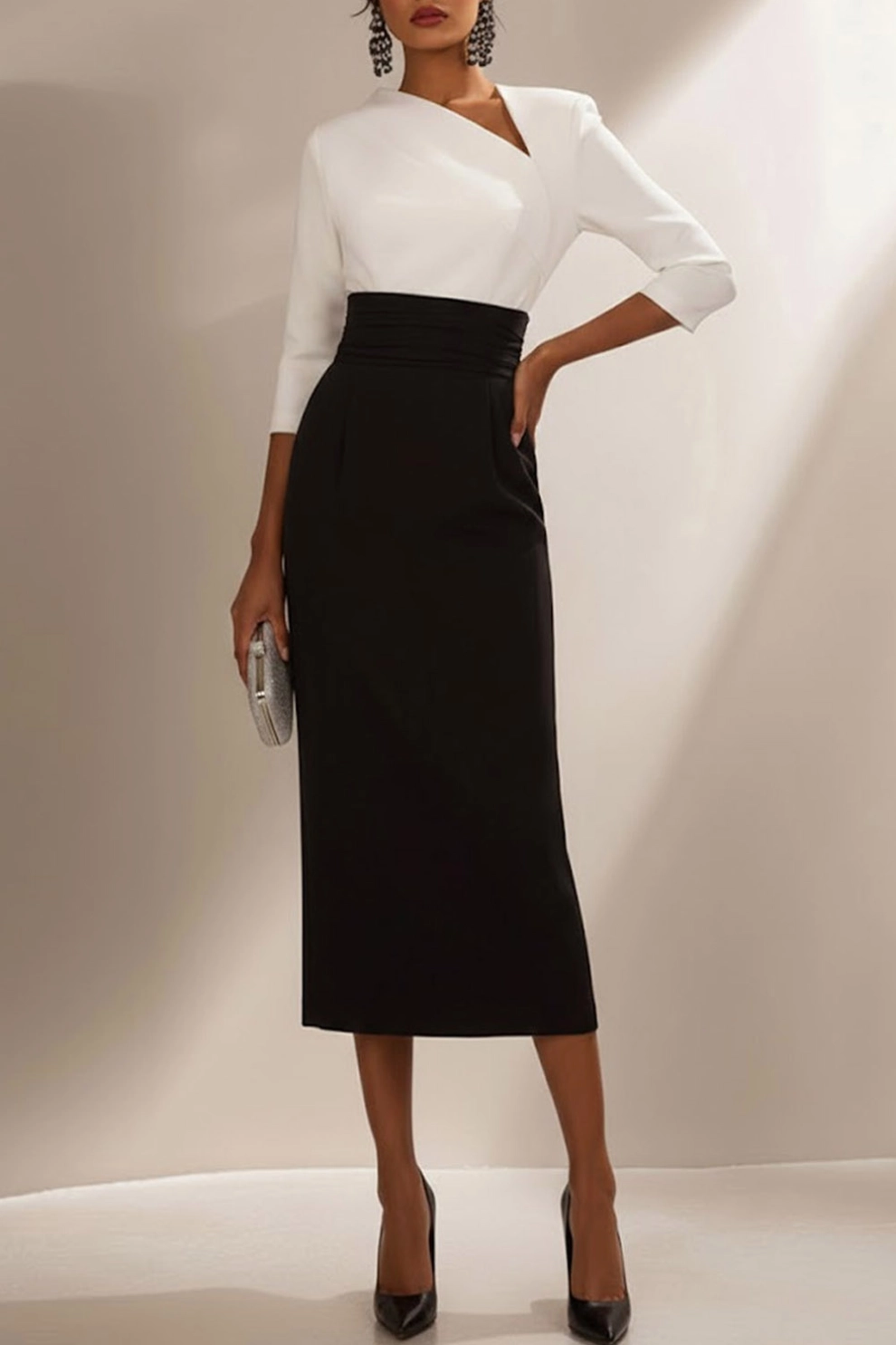 Evening Formal Dress Black White Asymmetrical Neck Long Sleeve Midi Dress