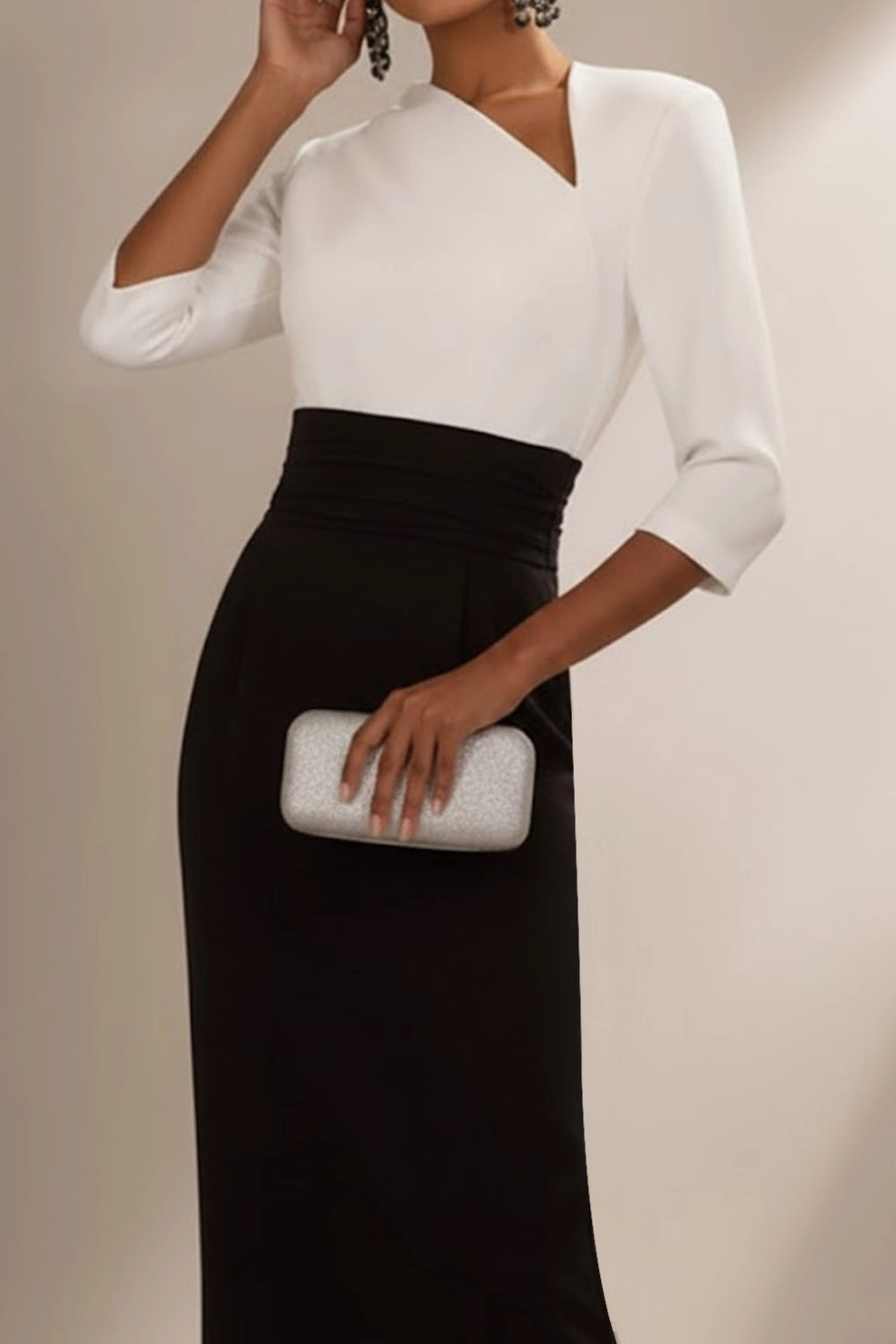 Evening Formal Dress Black White Asymmetrical Neck Long Sleeve Midi Dress